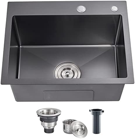 POPFLY 20×16 Inch Small Sink,Rectangle Drop in Stainless Steel Single Bowl Bar Sink, Black Overmount Kitchen Sink with Drain Strainer