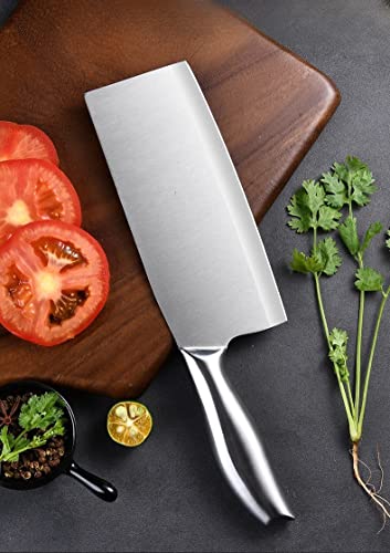 Image of PINBO Premium Stainless Steel Meat Cleaver Knife | Heavy Duty Sharp Blade for Meat, Chicken, Bone & Vegetables | Full Stainless Steel Handle Kitchen Knife for Chopping & Cutting (1 Pc)