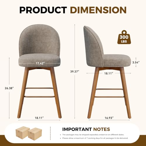 Image of Modern Swivel Bar Stools Set of 3, Chic Upholstered Counter Height(26IN) Bar Chair with Back, Solid Wood Legs and Footrest, Comfortable Chenille Bar Stool for Kitchen Island, Khaki