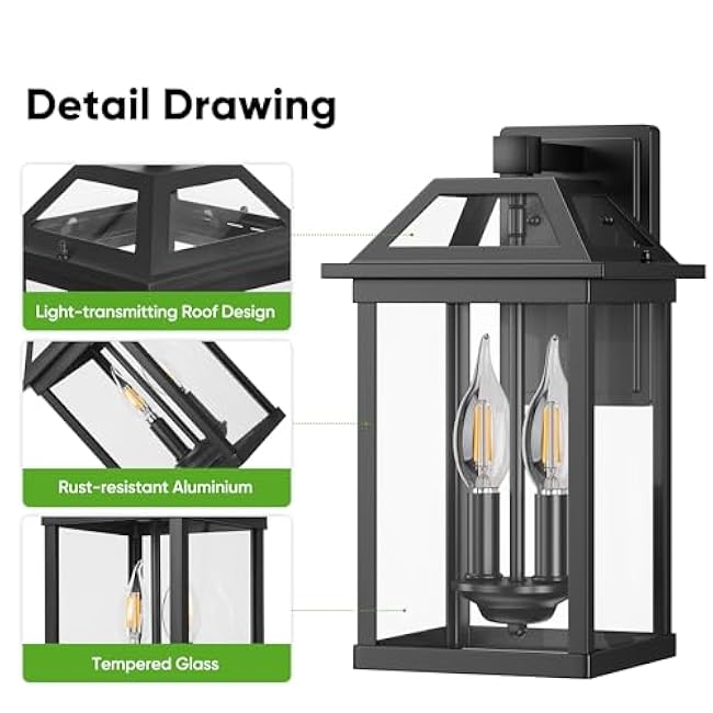 WIHTU 13.5 Exterior Light Fixture 2-Light Black Modern Wall Sconce Lamp