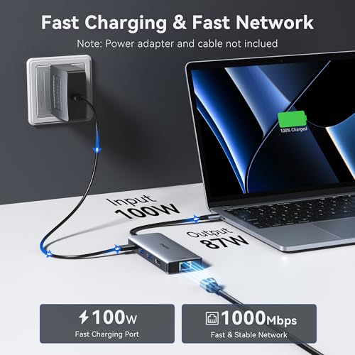Image of USB C Hub Ethernet USB-C Adapters for MacBook Pro /Air with HDMI 4K@60Hz | Mac Dongle with USB Port, 10 IN 1 USBC to HDMI Adapter 4K, USB C to Ethernet, 100W PD, USB-C to SD /TF Card Reader Dongle Hub