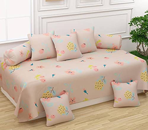 BREVARD 150 TC Glace Cotton 8 Pieces Diwan Set Including 1 Bedsheet, 5 Cushion Covers & 2 Bolster Covers, Peach Yellow Flower-image-42