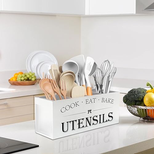 Image of Suli Extra Large Kitchen Utensils Holder with 4 Compartments, Wooden Utensil Organizer for Countertop, Farmhouse Kitchen Decor, Rustic Cooking Utensil - White