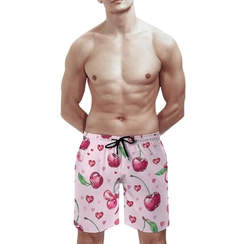 Mens Swim Trunks Cherry and Heart Shape Swim Shorts Quick Dry Beach Shorts with Mesh Liner and Pocket2