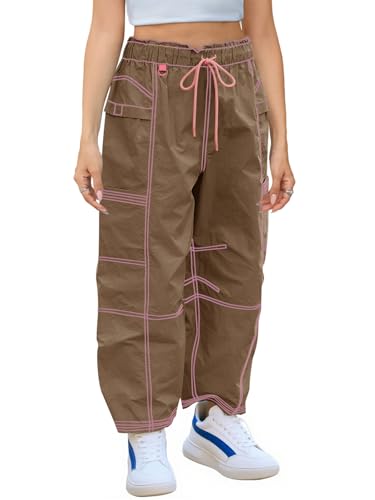 Fisoew Womens Baggy Cargo Pants Elastic Waist Contrast Stitch Track Pants Loose Hiking Joggers with Pockets