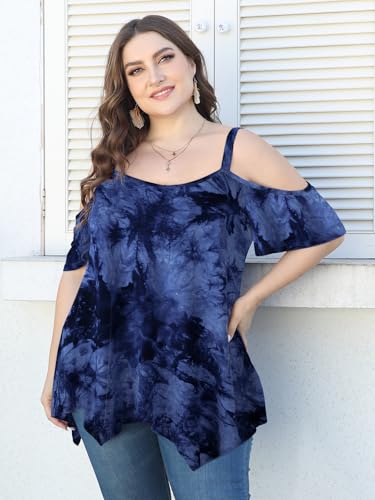 Image of LARACE Cold Shoulder Tops for Womens Summer Clothes Spaghetti Strape Tunic Oversized Shirts Asymmetrical Plus Size Blouse