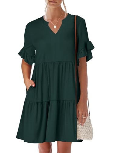 Image of ANRABESS Women's Summer Casual Dress, V-Neck Ruffle Sleeve Tiered Mini Dress, Soft Comfy Fabric with Pockets for All-Day Wear