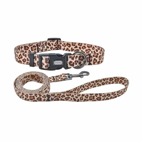 Olahibi Set di collare e guinzaglio per cani, motivo leopardato, in poliestere, 150 cm, per cani di piccola taglia (XS, motivo leopardato marrone chiaro)