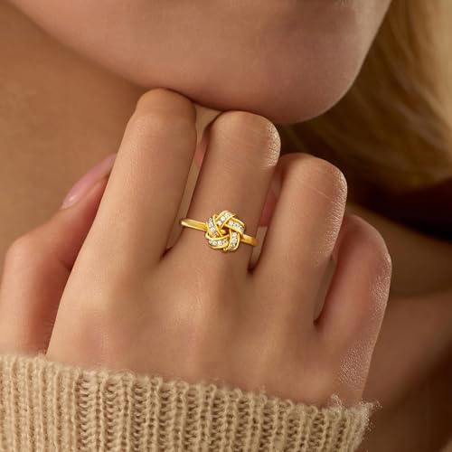 Celtic Love Knot Ring for Women 925 Sterling Silver 14k Plated Gold CZ Infinity Eternity Love Rings for Wife Rings Wedding Birthday Jewelry Gift Size 6-94