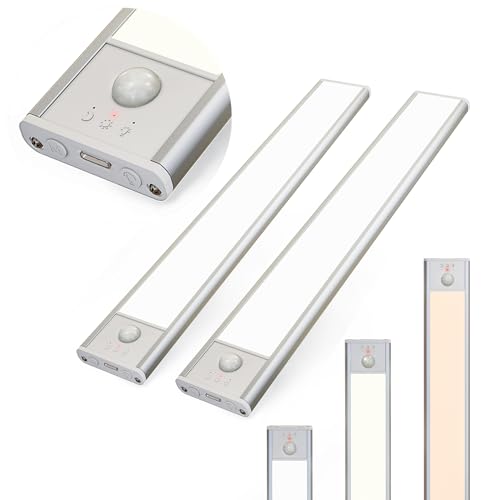 POVODA Under Cabinet Lighting Wireless 74 Led Under Counter Lights for Kitchen Closet Lights Motion Sensored Rechargeable Under-Counter Light Fixtures 3 Color 11.8inches,2 Pack