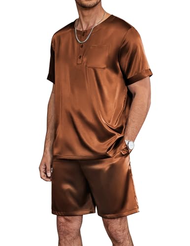 Image of Ekouaer Mens Pajamas Set Silk Satin Pjs Sets Summer Short Sleeve Button Down Sleepwear 2 Piece Loungewear with Pockets