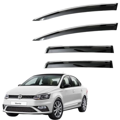 Image of CAR SAAZ Unbreakable Chrome Smoke Door Visor for Vento (2020-2022)| Premium Sun, Rain Wind Deflector Chrome Strip Side Door Rain Visor - Set of 4 Pcs