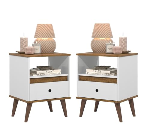 Conjunto 2 mesa de cabeceira retrô pés palitos 1 gaveta luxo -TED- Branco/Nature