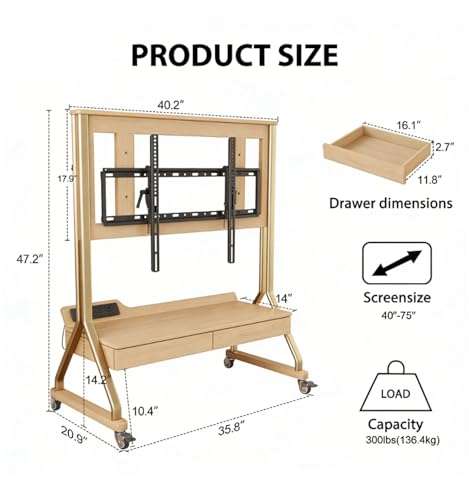 Image of AnywaysWood TV Cart Rolling TV Stand with Wheels for Most 40-75 inch TVs up to 300lbs Height Adjustable, Tilting, Tall Heavy Duty TV Stand with 2 Drawers Power Strip, for Living Room