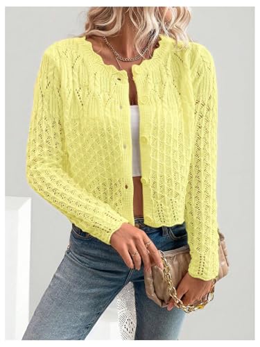 Image of GORGLITTER Women's Button Up Cropped Cardigan Fall Sweaters Lightweight Open Front Cute Long Sleeve Crochet Knit Tops