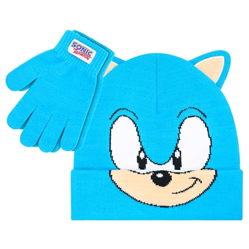 Image of Sonic The Hedgehog Winter Hat and Gloves Set - Blue Sonic Hat for Boys Ages 5-13 - Winter Hat with Scarf and Glove Set