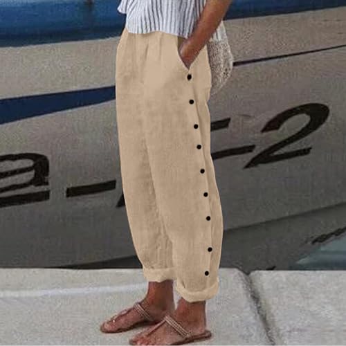 Women's Casual Pants Striped Side Button Elastic Waist Straight Leg Trendy Pants Baggy Lightweight Trousers with Pockets Striped Pants (Z06 Khaki,L)2