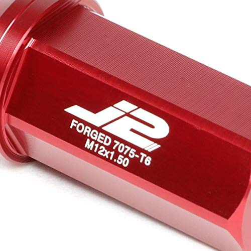 Image of J2 Engineering LN-T7-005-15-RD 7075 Aluminum Red M12x1.5 20Pcs L: 50mm Close-End Lug Nuts w /Adapter