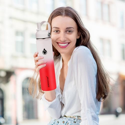 Image of SENDESTAR Water Bottle 40oz Double Wall Vacuum Insulated Leak Proof Stainless Steel Sports Water Bottle-Wide Mouth with New Flex Straw Lid & Spout Lid (White&Red)