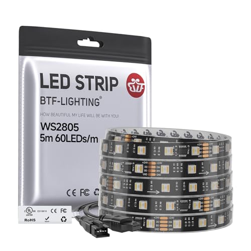 Image of BTF-LIGHTING WS2805 IC RGBCCT Addressable Dual Data LED Strip 5050SMD 16.4FT 60LED /m 10Pixel /m,UL Listed,5 Colors in 1 Chasing Color RGB+CCT 3000K-6500K IP67 DC24V(No Adapter or Controller)