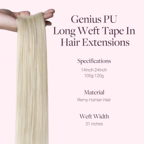 Image of GOO GOO Tape In Weft Hair Extensions Human Hair, Genius PU Long Weft Tape In Hair Extensions Real Human Hair, Silky Easy to Use, 60A Platinum Blonde 20 inch 120g