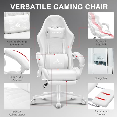 White Gaming Chair,Ergonomic Massage Computer Office Desk Chair with Footrest,Pocket Spring Cushion,Reclining Leather Adjustable Gamer Chair with Headrest and Lumbar Support,White - Image 6