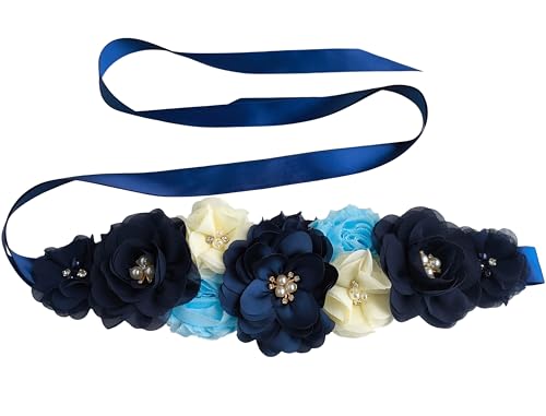 Dark Blue Maternity Sash,Maternity Flower Sash Belt Navy Blue, Navy Sash Belt Women's Dress Accessory
