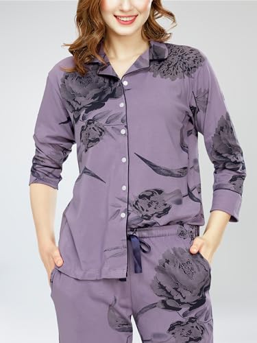 Image of ZEYO Night Suit for Women's Floral Printed Cotton Night Dress of Shirt and Pajama Set 5760
