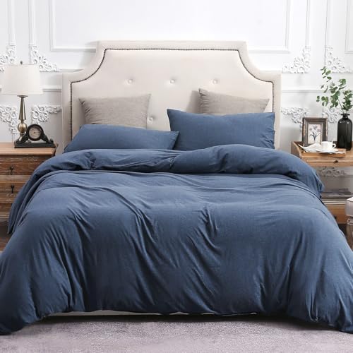 Housse de couette en jersey 100% coton bleu marine avec 2 taies d'oreiller