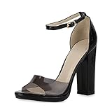  SCARPE VITA Damen Sandaletten High Heels Metallic Holo Absatzschuhe Blockabsatz Party Schuhe Kroko-Optik Riemchensandaletten 190514 Schwarz 37