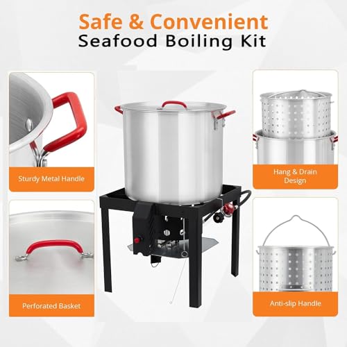Outdoor Fryer, 100 Qt Seafood Boil Pot with Basket & Burner, Fish Fryer Boiler Steamer Set, Aluminum Propane Seafood Boiler with 10 PSI Regulator, 110,000 Btu, Crab Crawfish Boiler