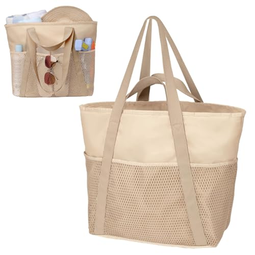 Large Beach Bag, Beach Bags Waterproof Sandproof Large Capacity Tote Bag with Mesh Pocket Zipper Closure Machine Washable Casual Tote for Summer Outdoor, Beige4