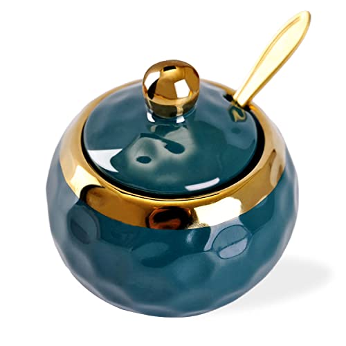 WHJY Ceramic Sugar Bowl with Lid and Spoon, Golf Design Porcelain Salt Bowl Salt Container, Modern Spice Box Seasoning Jar for Home and Kitchen Coffee Bar - Green