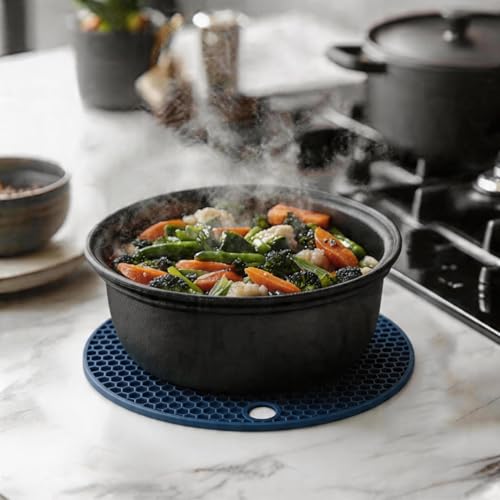 Image of Silicone Trivet Mats,Heat Resistant Pot Holders, Multipurpose Non-Slip Hot Pads for Kitchen Potholders, Hot Dishers, Jar Opener, Spoon Holder, Food Grade Silicone(Blue Size Round 7''x7'')