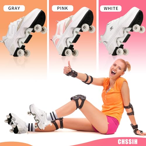 Image of Roller Skates for Women /Girls, Retractable Kick Roller Shoes with Wheels for Men, Outdoor Quad Wheel Rink Skates Adjustable Deformation Sneakers for Adult /Boys