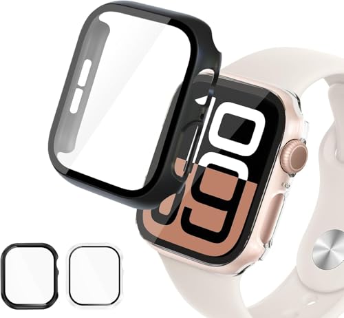 【2個入り】For Apple Watch Series 11 46mm ケース 一体型 PC素材+強化ガラス カバー 保護ケース 透明 salywin アップルウォッチ Series 11 46mm 対応 高透過率 9H硬度 耐衝撃 指紋防止 擦り傷防止 高感度タッチ 装着簡単 (ブラック1個＋クリア1個)のサムネイル