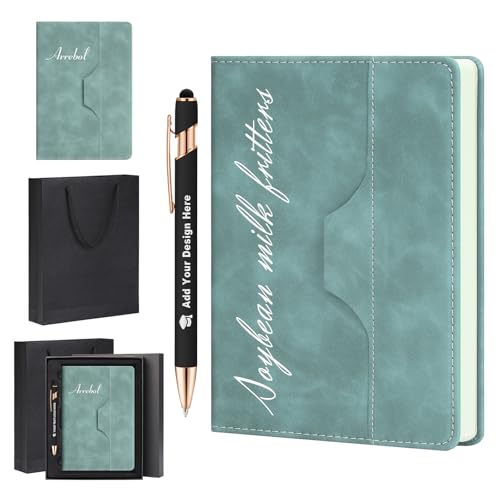 Personalized Leather Notebook and Pen Set with Gift Box, A5 Engraved Logo/Text/Image Custom Journal/Notebook for Women Men, Supplies for Business College (LightBlue)