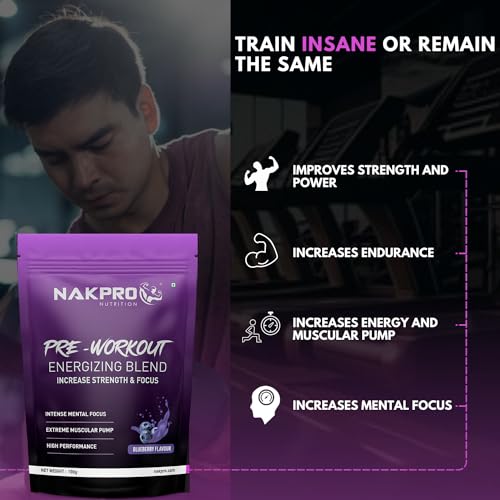 Nakpro Pre Workout Supplement (Blueberry, 100g Powder) with 100mg Caffeine, 1200mg Creatine Monohydrate and 1200mg Citrulline|Helps in Lean Muscle Building, Improves Workout Performance - 20 Servings