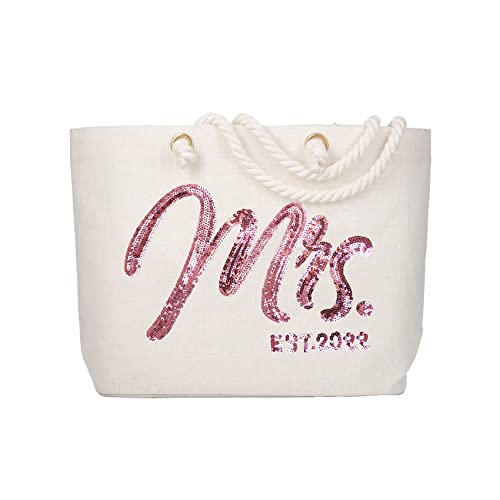 ElegantPark Future Mrs. EST. 2022 Large Bride Tote Bag Personalized Wedding Bachelorette Bridal Shower Gifts Shoulder Bag Rose Gold Sequin with Interior Pocket Jute