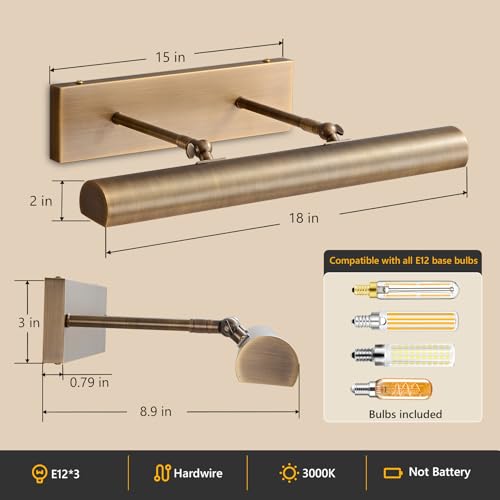 Image of 18 Inch Picture Light Hardwired - Bronze Picture Light Rotatable 270 Dimmable Art Light for Living Room,Study Room, Museum,Library Display,Foyer,Bathroom Vantiy