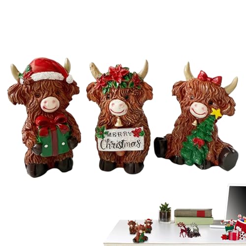 Figuras de vaca genéricas Highland 3 piezas | Escultura de vaca Highland para Navidad | Pequeña estatua de resina para casa, oficina, dormitorio, estante jardín granja coche