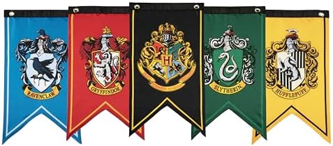 CON*QUEST Journals Harry Potter Wizarding House Banner Flag Set, 12'' x 20'' Polyester Flags, Set of 5 Includes Hogwarts Crest, Gryffindor, Slytherin, Ravenclaw & Hufflepuff Banners, Birthday Party