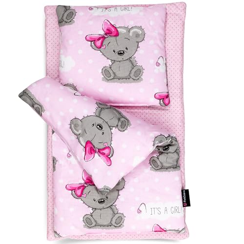 PinkZebra 3er Set Puppenbettwäsche für Puppenbett, Puppenbettzeug 3-teilig, Decke + Kissen + Matratze, aus Baumwolle für Puppen bis 43 cm, ÖKO-TEX, It'a Girl Pink