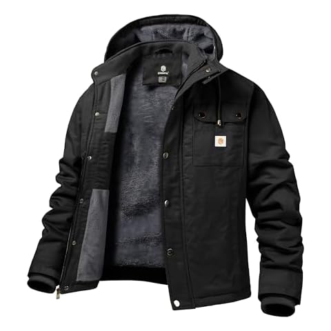 CHEXPEL Mens Fall and Winter Utility Jacket Relaxed Fit Work Coat Jacket Fleece Lined Hooded canvas Jacket Cover