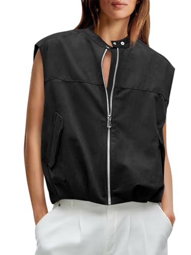 Yousify Womens Zip Up Faux Suede Vest Cropped Cap Sleeve Trendy Casual Pleated Vest Jackets Fall Loose Fit Outerwear