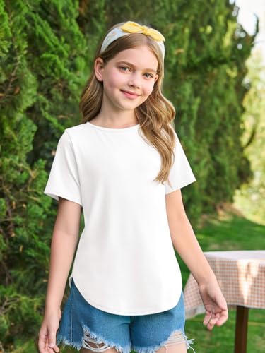 Image of Haloumoning Girls Short Sleeve T Shirts Summer Crewneck Shirt 5-14 Years | Casual, Solid, Loose Fit, Basic tees, Curve Hem, Soft Tunic Tops