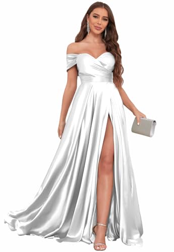 Image of SOLODISH Off The Shoulder Satin Prom Dresses for Women Long Formal Evening Party Dress with Slit