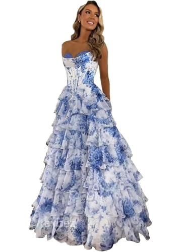 Generic Tulle Floral Prom Dress for Teens Tiered Strapless Long Ruffle Sweetheart Formal Evening Gowns with Slit 2025