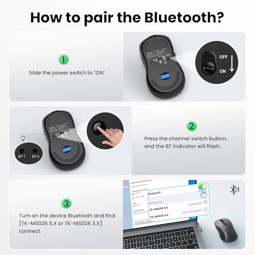 Image of TECKNET Rechargeable Bluetooth Mouse, [ USB + BT5.0 + BT3.0 ] Wireless Mouse, Full-Size, Silent Click, 6-Level 4800 DPI Wireless Mice, 3-Device Switching for Laptop, Computer, iPad, MacBook