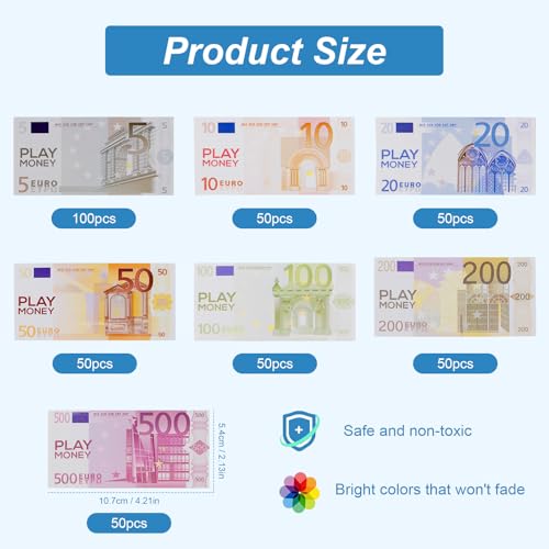 400 Blätter Spielgeld Set Kinder Spielgeld Euro Scheine Fake Geld für Lern und Spielzwecke Euro für Kinder ab 3 Jahr zum Rollenspiel Kaufmannsladen Zubehör